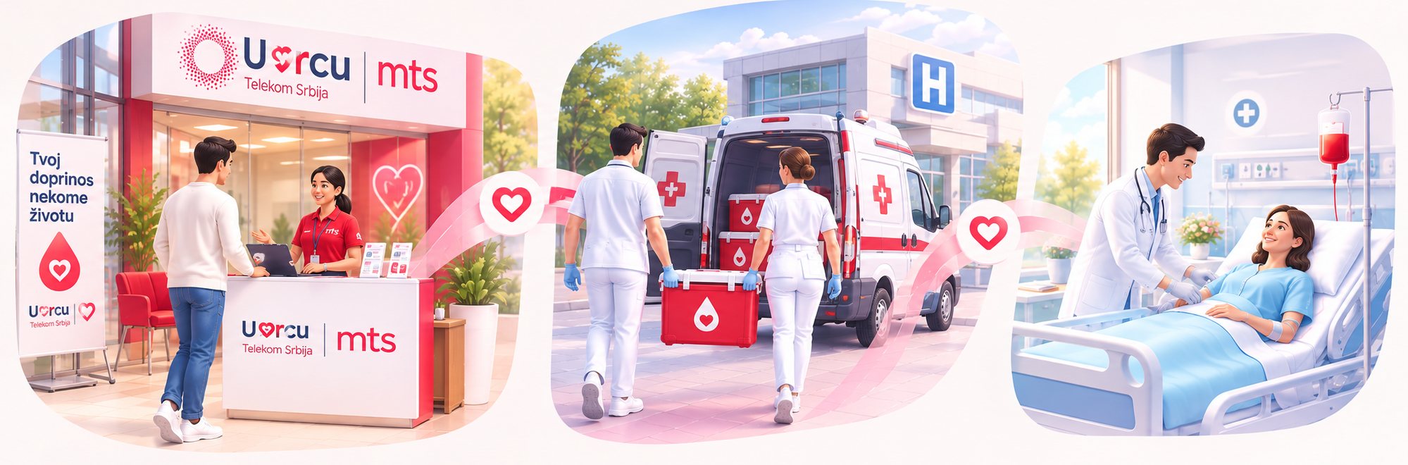 Put jedne donacije u tri koraka: davalac se prijavljuje na štandu U Srcu, medicinski tehničari prenose krv do bolnice, pacijentkinja prima transfuziju.