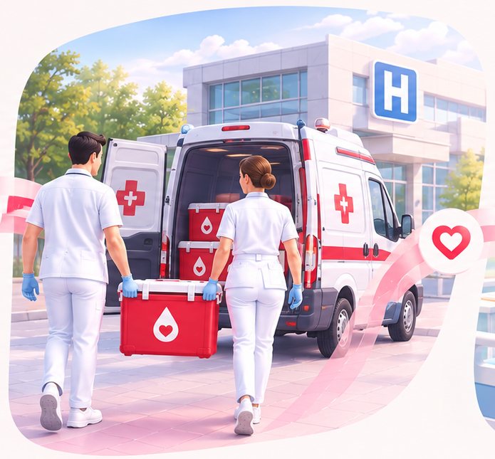 Medicinski tehničari prenose kutiju sa krvlju iz vozila hitne pomoći ka bolnici