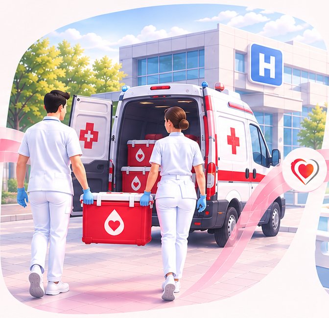 Medicinski tehničari prenose kutiju sa krvlju iz vozila hitne pomoći ka bolnici